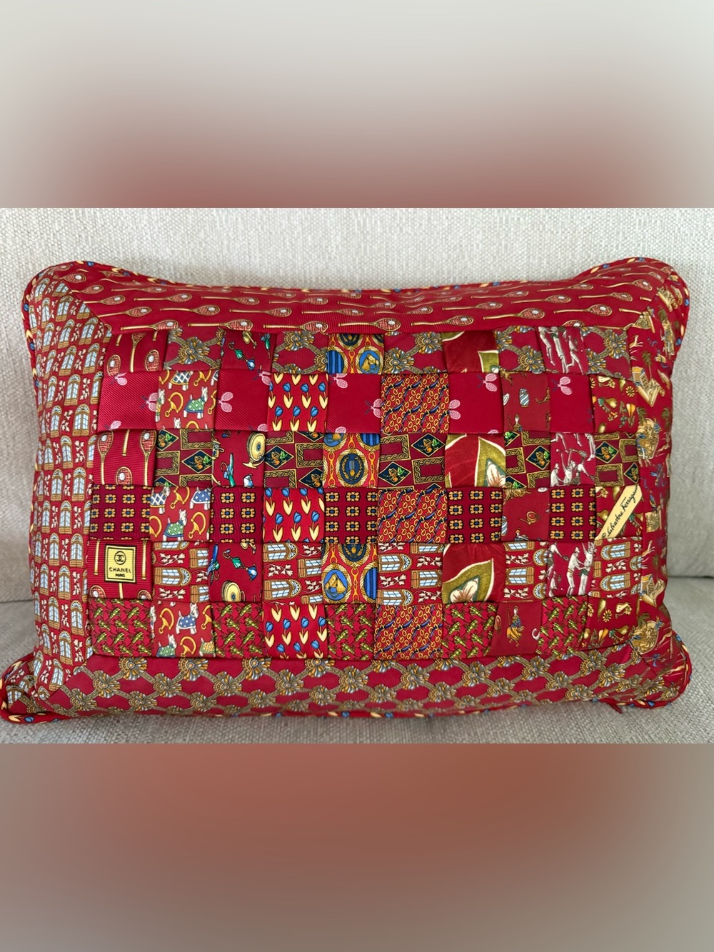 Red Silk Ties Lounge Throw Pillow Ferragamo Chanel Tennis Scottie Equestrian